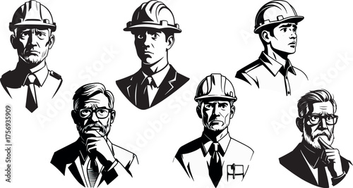 Six Monochrome Portraits of Construction Workers, Engineers, and Contractors with Hard Hats