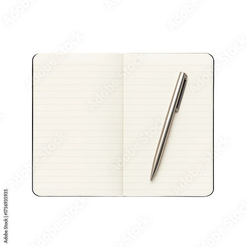 Open notebook with lined pages and a silver pen lying on top ready for writing or taking notes on transparent background