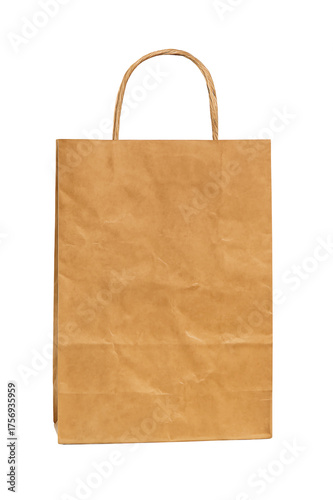 Simple brown paper shopping bag with woven handles for retail and product packaging on transparent background