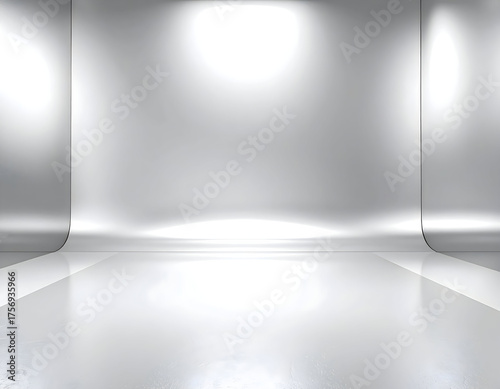 Abstract studio interior with reflective floor and bright diffused lighting, showcasing a clean and modern presentation space for product display or exhibition