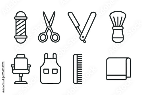 Vector Barber tools icons set: pole, scissors, razor, brush, chair, apron, comb, towel