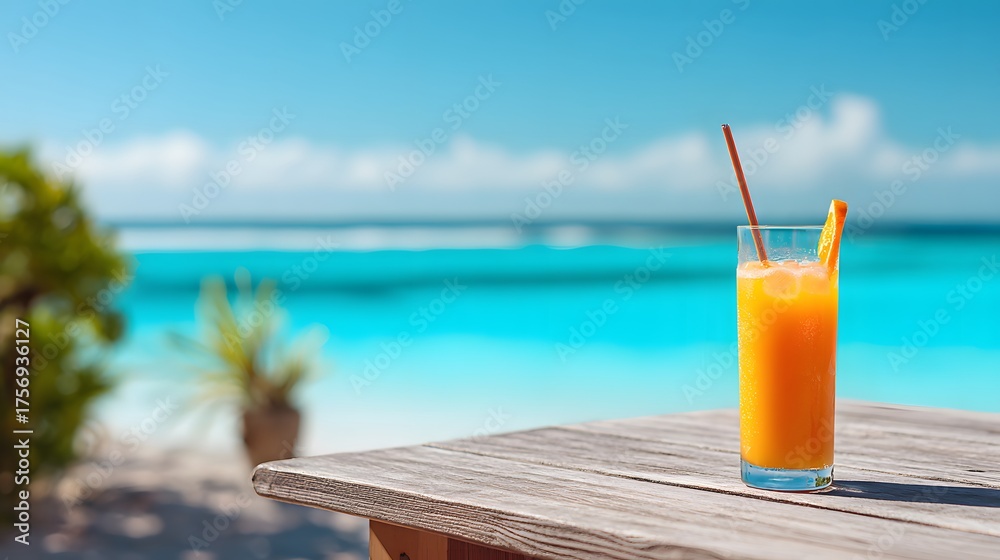 Obraz premium Refreshing orange drink with garnish sits on a table by the ocean.