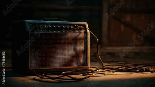 A guitar amplifier sits on the stage with tangled cables as the music plays in a cozy venue