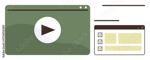 Video player, play button, and checklist in simple windows. Ideal for tasks, workflow, tutorials, education, media planning organization. Minimalistic design for a simple flat metaphor