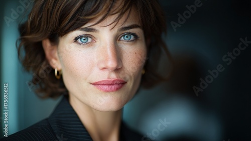 Business woman with short hair and blue eyes  slight smile and a dark suit looking straight ahead with very beautiful eyes. On the right side of the image there is a dark background.