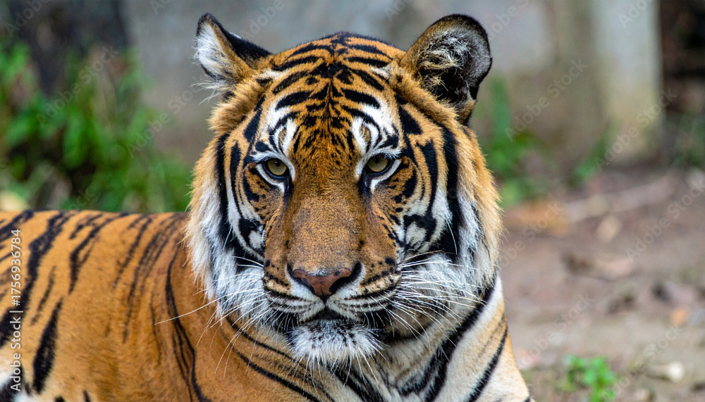 Fototapeta premium Close-up portrait of a majestic tiger gazing directly at the camera with intense eyes.