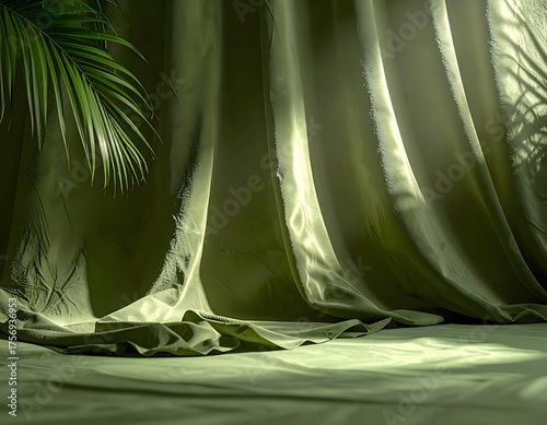 Stylish draped green fabric studio backdrop with tropical leaf shadow. Elegant and minimalist background perfect for beauty, cosmetic, or small product showcases