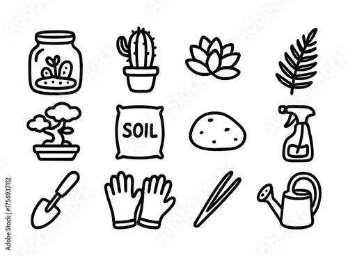 Vector Garden tools and plants icon set: cactus, succulent, soil, watering can, fern leaf