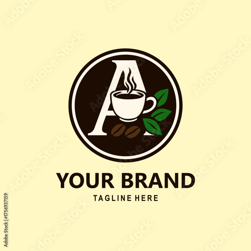 Initial letter 'A' logo for a coffee brand, presented within a dark brown circular badge. The design features a large, style letter 'A' with a cup of coffee, two coffee beans, and green coffee leaves 