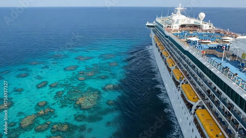 Cruise ship sailing near clear reef water, cruise vacation theme, cruise tour booking and cabin search, family holiday planning, port day approach, tropical travel context, open sea view