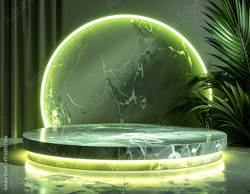 Abstract green marble stage with neon light and palm leaves, perfect for product display and advertising