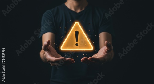Man Holding Glowing Warning Sign With Exclamation Mark Symbol Above Open Hands in Dark Background