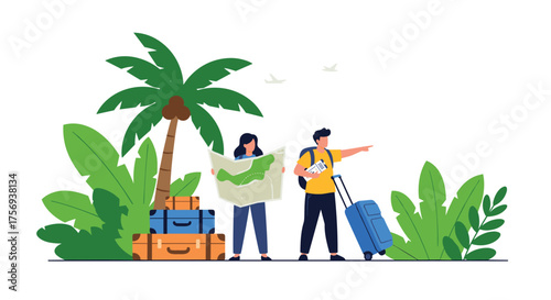 Young couple planning their next adventure on a tropical island with luggage and a map.
