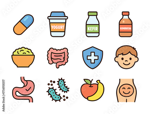 Vector Colorful gut health icons featuring probiotics, foods, and digestive system elements