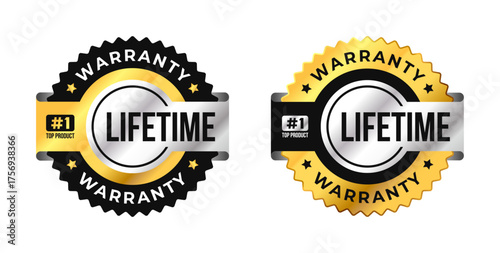 Elegant lifetime warranty badge vector with gold and silver style. Perfect for icon, seal, banner, sign, logo, symbol, award, stamp, stickers, tag, product guarantee, premium quality