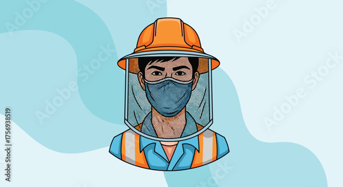 A construction worker wearing a protective suit and mask for safety.