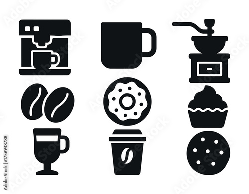 Vector Coffee and pastry icons featuring mug grinder beans doughnut and cupcake