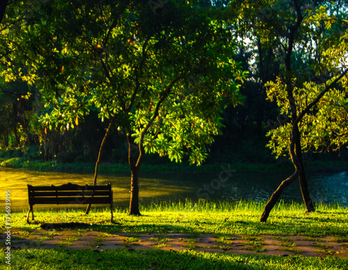  A peaceful park bench at sunset by the lake.