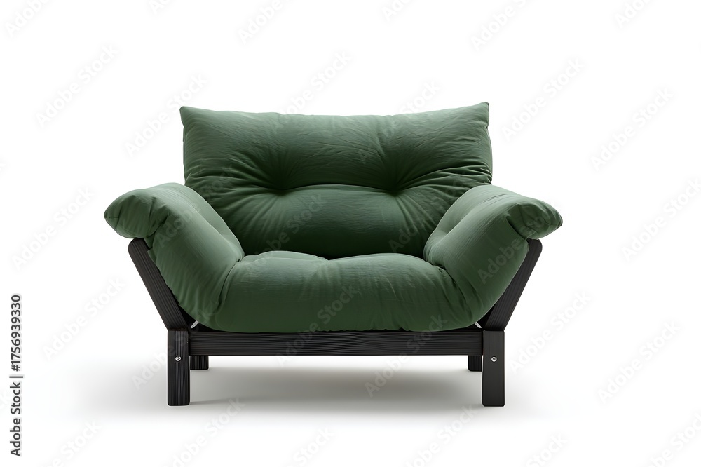 Fototapeta premium Green Cotton Futon Adjustable Back Ultra Realistic Convertible Sofa Bed Furniture Modern Comfortable Interior