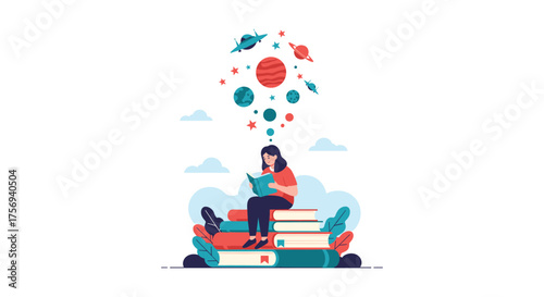A person reading a book with thoughts of space and planets flying above her head.