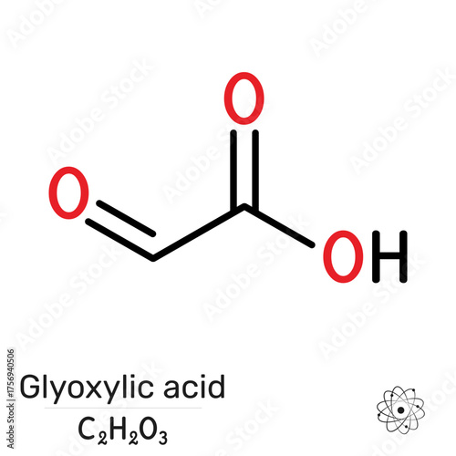 Glyoxylic acid molecule. Synthesis of hydroxyphenylglycine and amoxicillin precursor; hair straightening cosmetic chemistry; glyoxylate cycle metabolism. Vector illustration