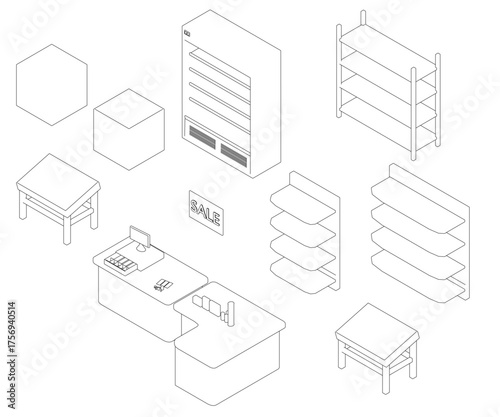 Line drawing of a furniture store interior with a desk, chair, and shelves. A computer and props are arranged on the table for design purposes, set against a white background with clean contour lines.