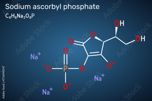 Sodium ascorbyl phosphate, SAP molecule. Stable vitamin C derivative for skincare, antioxidant, collagen support, anti-acne, water-soluble cosmetic active. Dark blue background. Vector illustration