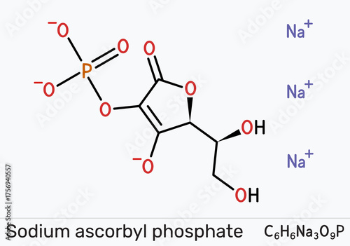 Sodium ascorbyl phosphate, SAP molecule. Stable vitamin C derivative for skincare, antioxidant, collagen support, anti-acne, water-soluble cosmetic active. Vector illustration