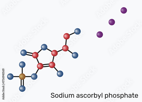 Sodium ascorbyl phosphate, SAP molecule. Stable vitamin C derivative for skincare, antioxidant, collagen support, anti-acne, water-soluble cosmetic active. Molecular model. Vector Illustration