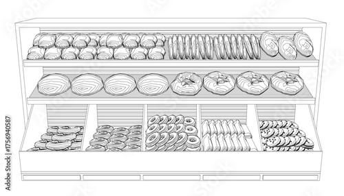 A bakery display case filled with assorted donuts in various shapes, sizes. The contour sketch shows a rack brimming with fresh products. Vector illustration