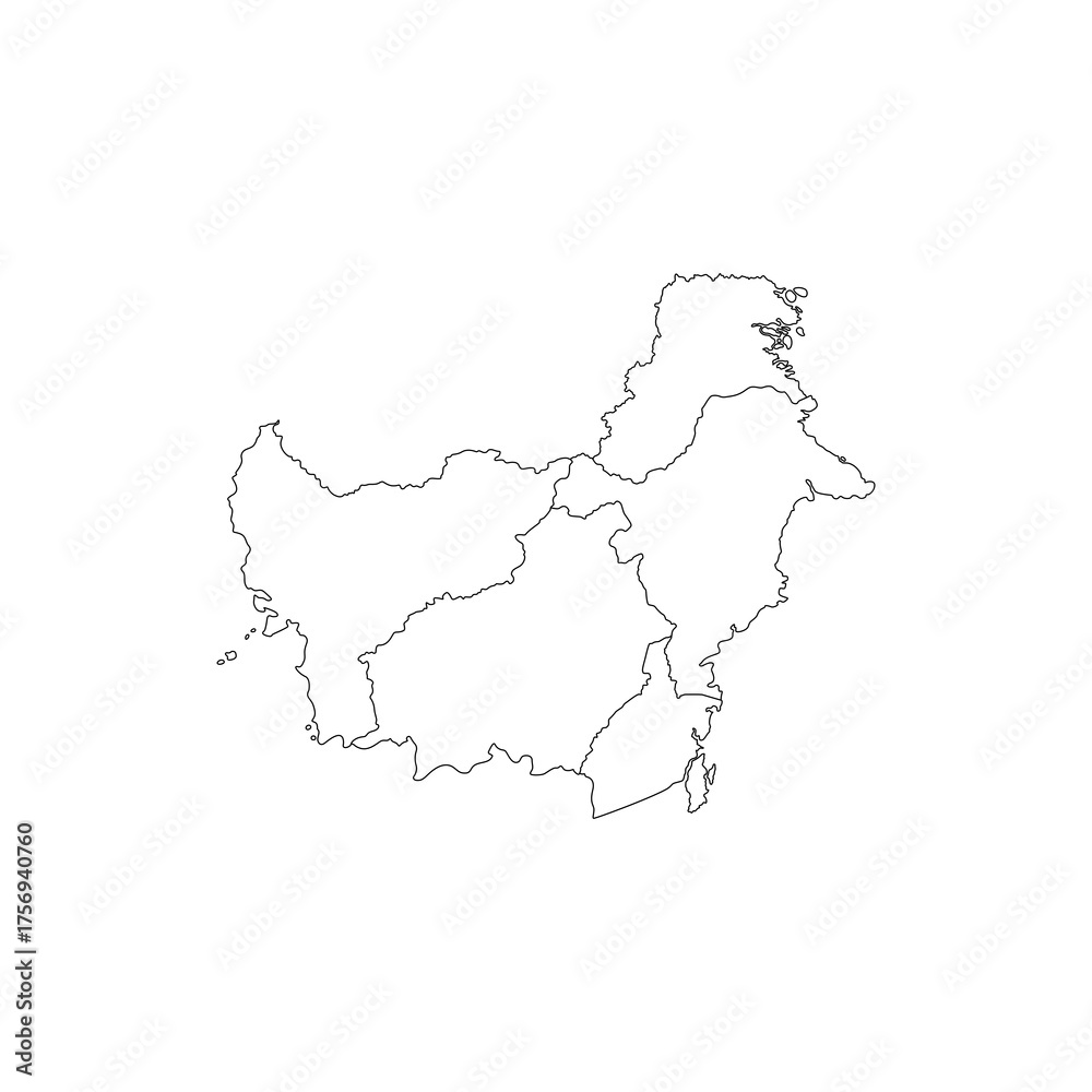 Fototapeta premium Kalimantan outline map illustration. Geographic map with provincial divisions representing Indonesian Borneo region. Flat design element for education, travel, and geography
