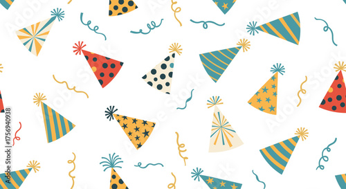 A playful pattern of colorful birthday hats and confetti on a white background.