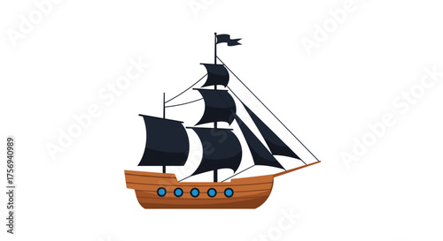 A pirate ship with black sails sails on the ocean.