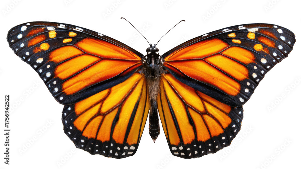 Fototapeta premium Monarch Butterfly: A monarch butterfly with its wings unfurled, showcasing its vibrant orange, black, and white markings, embodying the essence of nature's artistry.