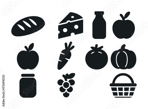 Vector Set of food icons: bread, cheese, milk, fruits, vegetables, and basket on white background