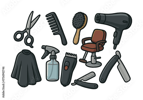 Vector Barbershop tools collection with scissors, comb, hairdryer, brushes, chair, cape, clippers, razor
