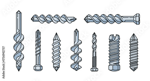 Collection of different drill bits and screw fasteners.