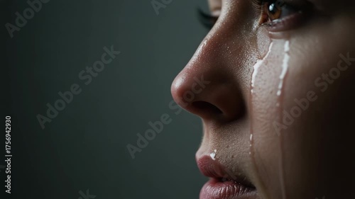 Slow motion tear rolling down cheek, breakup aftermath, tear after bad news, crying alone at home, mental health crisis, anxiety and stress release, closeup cheek with tear path