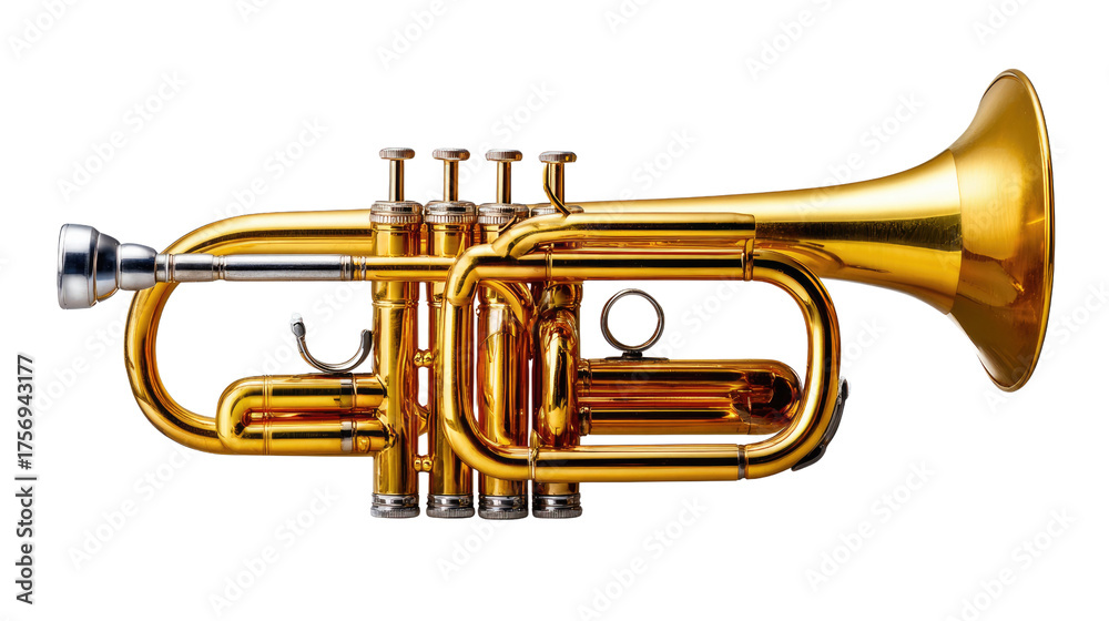 Obraz premium Brass Brilliance: A gleaming trumpet rests in isolated, its lustrous golden surface reflecting the light, offering a close-up glimpse into the intricate mechanics of this brass instrument.