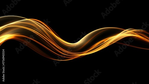 Abstract flowing golden light trails creating a dynamic wavy pattern against a deep black background representing energy and motion
