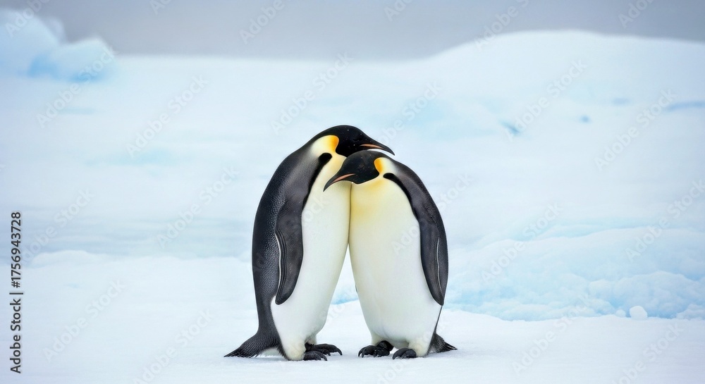 Naklejka premium Majestic Antarctic Emperor Penguin Couple Surviving a Cold Winter Snowstorm Together