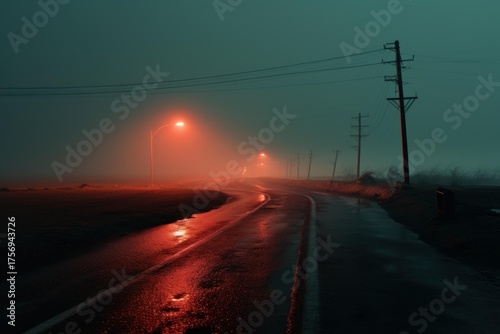 Foggy night scene with an illuminated winding paved road and street lights