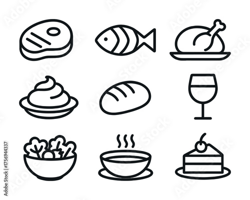 Vector Outline icons of food and drink: steak, fish, chicken, pie, bread, wine, salad, soup, cake