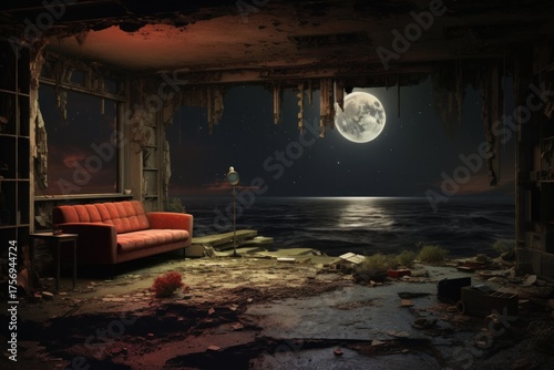 Surreal scene of a decaying room with a red sofa, offering a view of a moonlit ocean at night