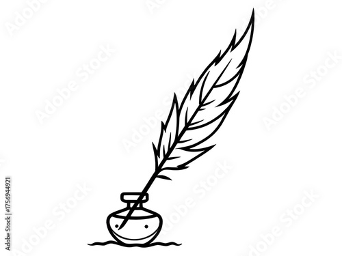 Minimalist Line Art Feather Quill and Inkwell Illustration | Elegant Continuous Line Drawing of Quill Pen and Ink Bottle | Simple Linear Feather Pen with Inkwell Design | Modern Minimal Ink and Quill 