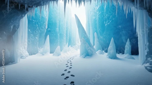 Icy Footprints: A Journey Through a Frozen Cavern, Blue Ice Walls and Sparkling Formations