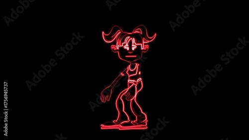 Animated red neon girl performs squats on a black background, showcasing fitness and energetic movement.