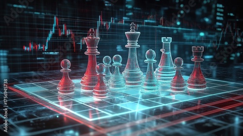 Transparent chess pieces on a glowing digital chessboard with red and blue highlights, set against a futuristic background featuring financial data charts, evoking strategy and technology