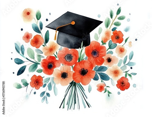 Fototapeta Naklejka Na Ścianę i Meble -  Watercolor bouquet of red and peach flowers with green leaves and a black graduation cap on top symbolizing achievement and celebration