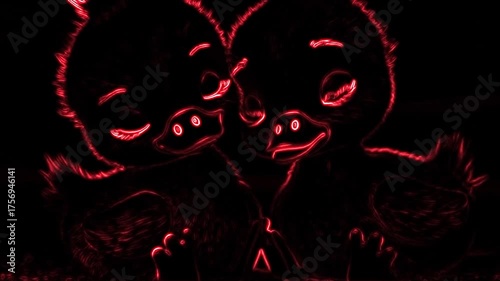 Adorable Animated Ducklings with Red Neon Outline Share a Sweet Moment of Affection and Friendship